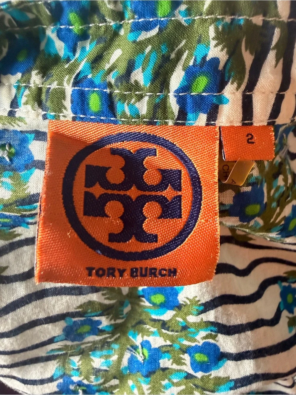Tory Burch Orange Logo Tag on Blue & Green Floral Stripe Top